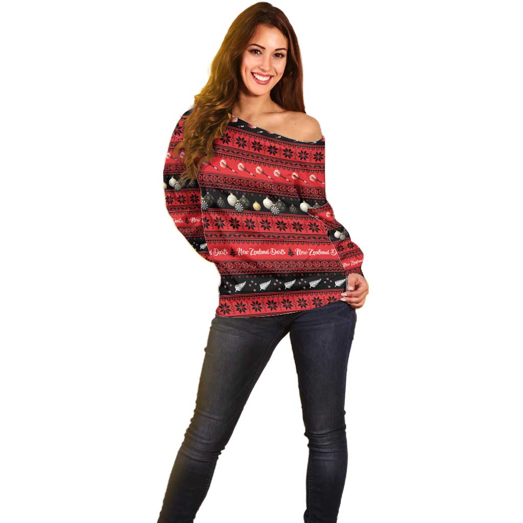New Zealand Darts Christmas Off Shoulder Sweater Merry Xmas Aotearoa Maori Red - Aussie Hoodie