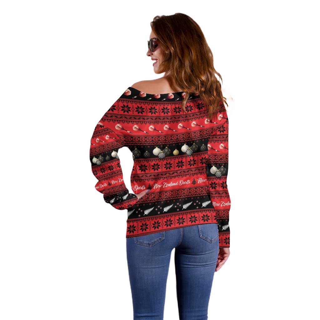 New Zealand Darts Christmas Off Shoulder Sweater Merry Xmas Aotearoa Maori Red - Aussie Hoodie