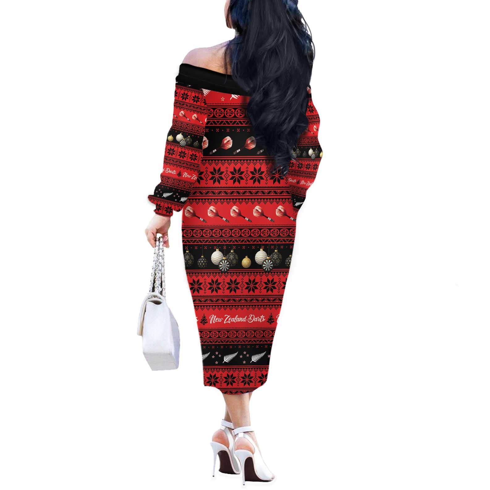 New Zealand Darts Christmas Off The Shoulder Long Sleeve Dress Merry Xmas Aotearoa Maori Red - Aussie Hoodie