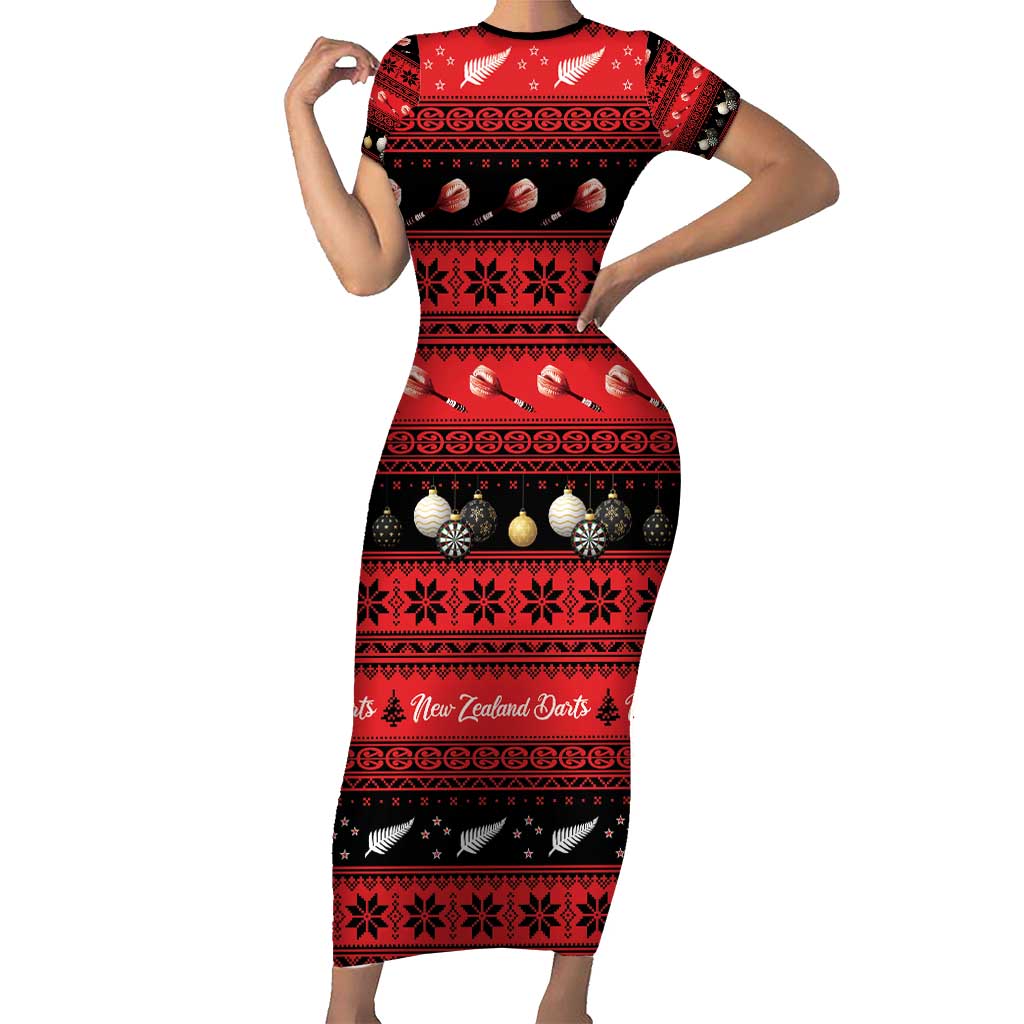 New Zealand Darts Christmas Short Sleeve Bodycon Dress Merry Xmas Aotearoa Maori Red - Aussie Hoodie