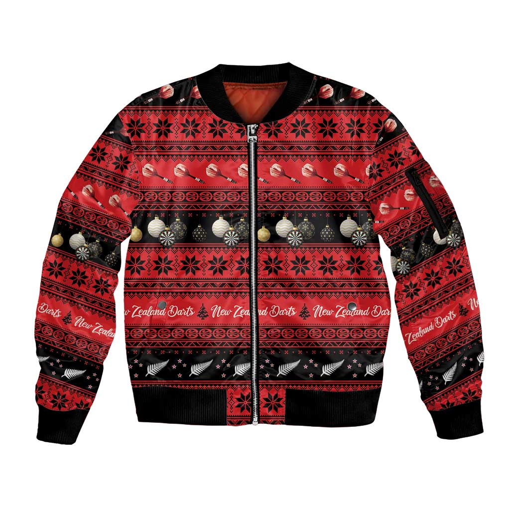 New Zealand Darts Christmas Sleeve Zip Bomber Jacket Merry Xmas Aotearoa Maori Red - Aussie Hoodie
