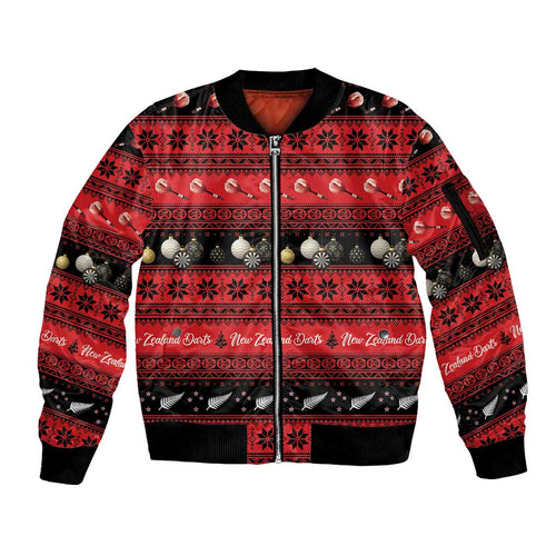 New Zealand Darts Christmas Sleeve Zip Bomber Jacket Merry Xmas Aotearoa Maori Red - Aussie Hoodie
