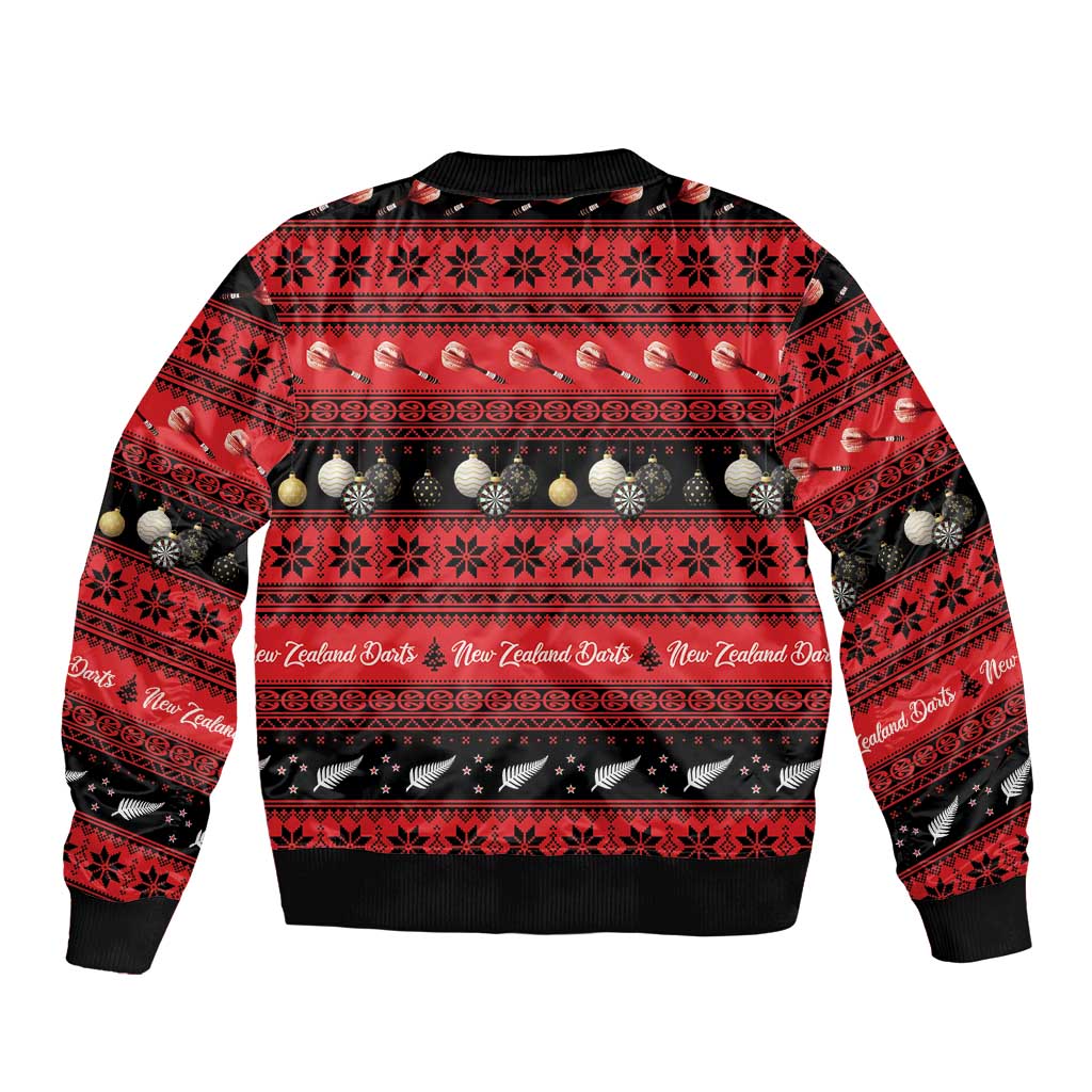 New Zealand Darts Christmas Sleeve Zip Bomber Jacket Merry Xmas Aotearoa Maori Red - Aussie Hoodie