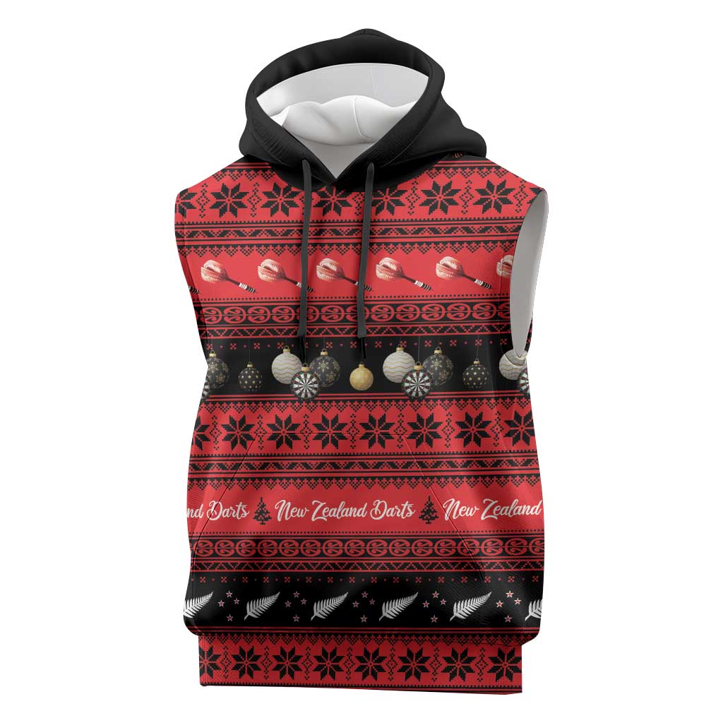 New Zealand Darts Christmas Sleeveless Hoodie Merry Xmas Aotearoa Maori Red - Aussie Hoodie