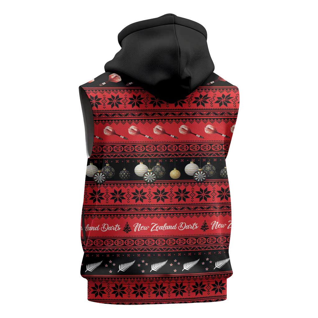 New Zealand Darts Christmas Sleeveless Hoodie Merry Xmas Aotearoa Maori Red - Aussie Hoodie