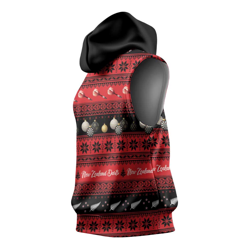 New Zealand Darts Christmas Sleeveless Hoodie Merry Xmas Aotearoa Maori Red - Aussie Hoodie