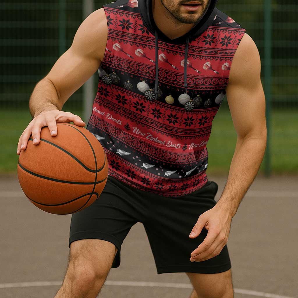 New Zealand Darts Christmas Sleeveless Hoodie Merry Xmas Aotearoa Maori Red - Aussie Hoodie