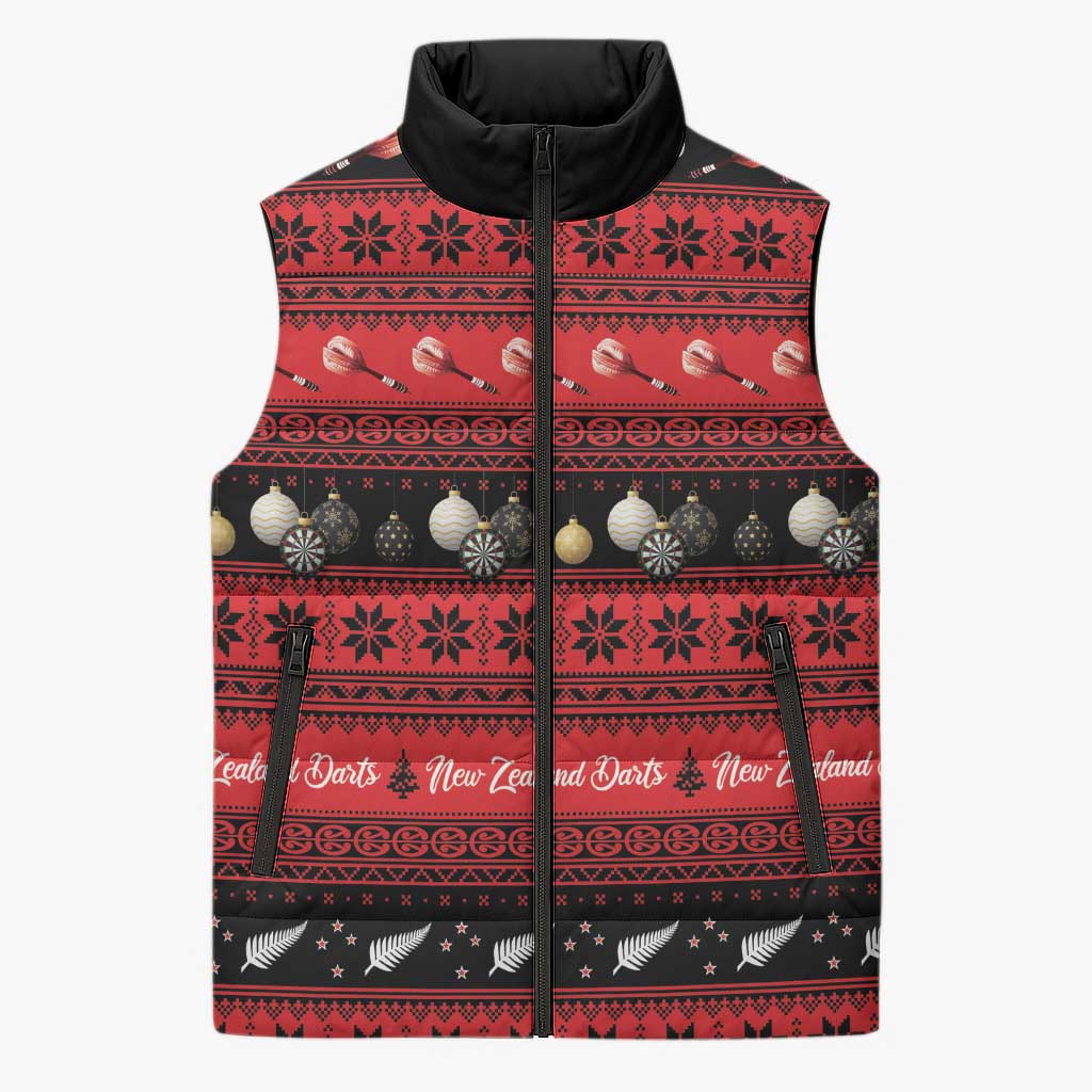 New Zealand Darts Christmas Sleeveless Puffer Jacket Merry Xmas Aotearoa Maori Red - Aussie Hoodie
