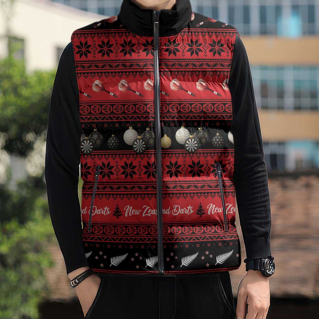 New Zealand Darts Christmas Sleeveless Puffer Jacket Merry Xmas Aotearoa Maori Red - Aussie Hoodie