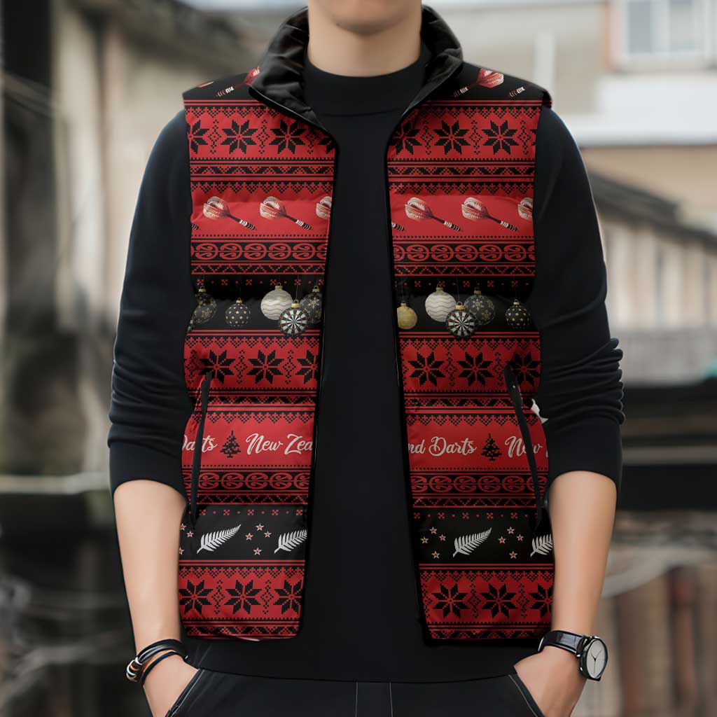 New Zealand Darts Christmas Sleeveless Puffer Jacket Merry Xmas Aotearoa Maori Red - Aussie Hoodie