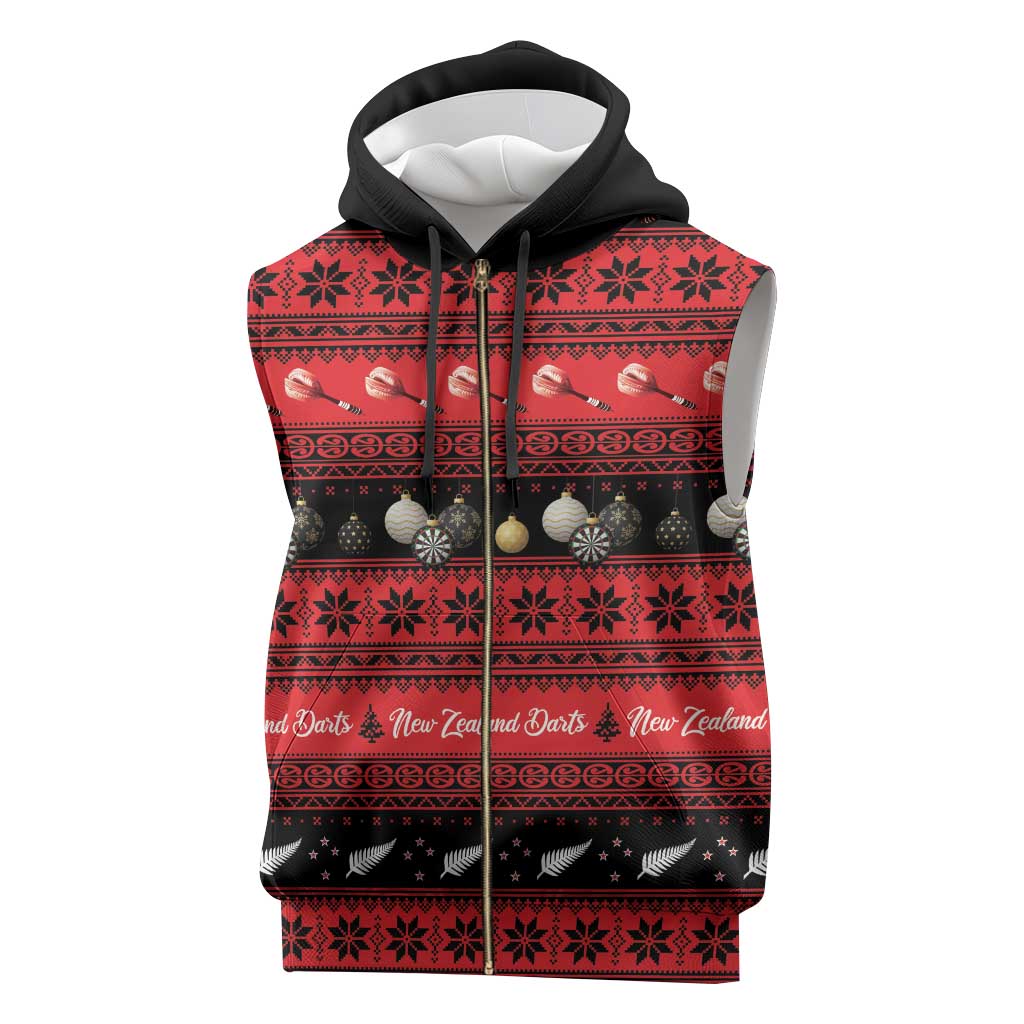 New Zealand Darts Christmas Sleeveless Zip Hoodie Merry Xmas Aotearoa Maori Red - Aussie Hoodie