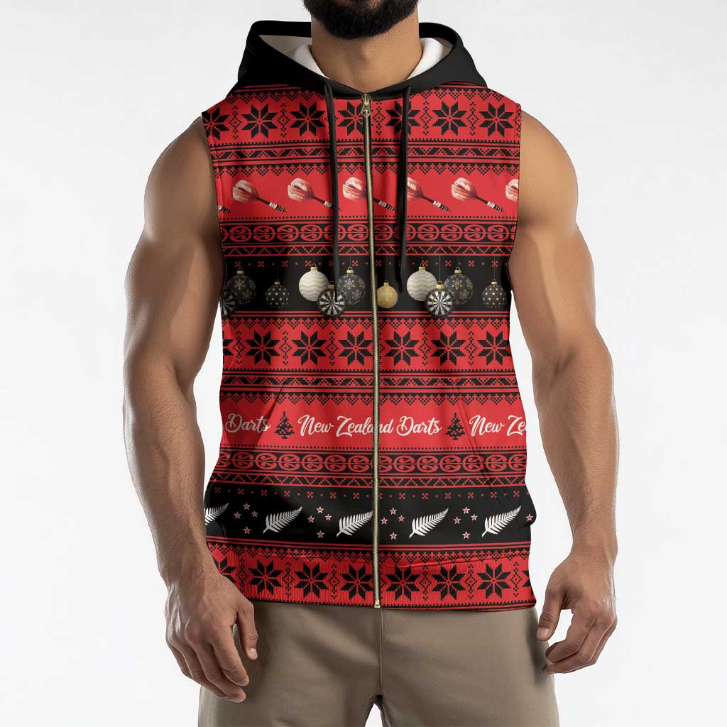 New Zealand Darts Christmas Sleeveless Zip Hoodie Merry Xmas Aotearoa Maori Red - Aussie Hoodie