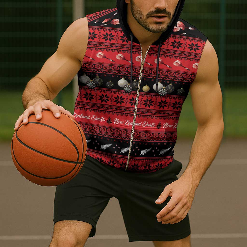 New Zealand Darts Christmas Sleeveless Zip Hoodie Merry Xmas Aotearoa Maori Red - Aussie Hoodie
