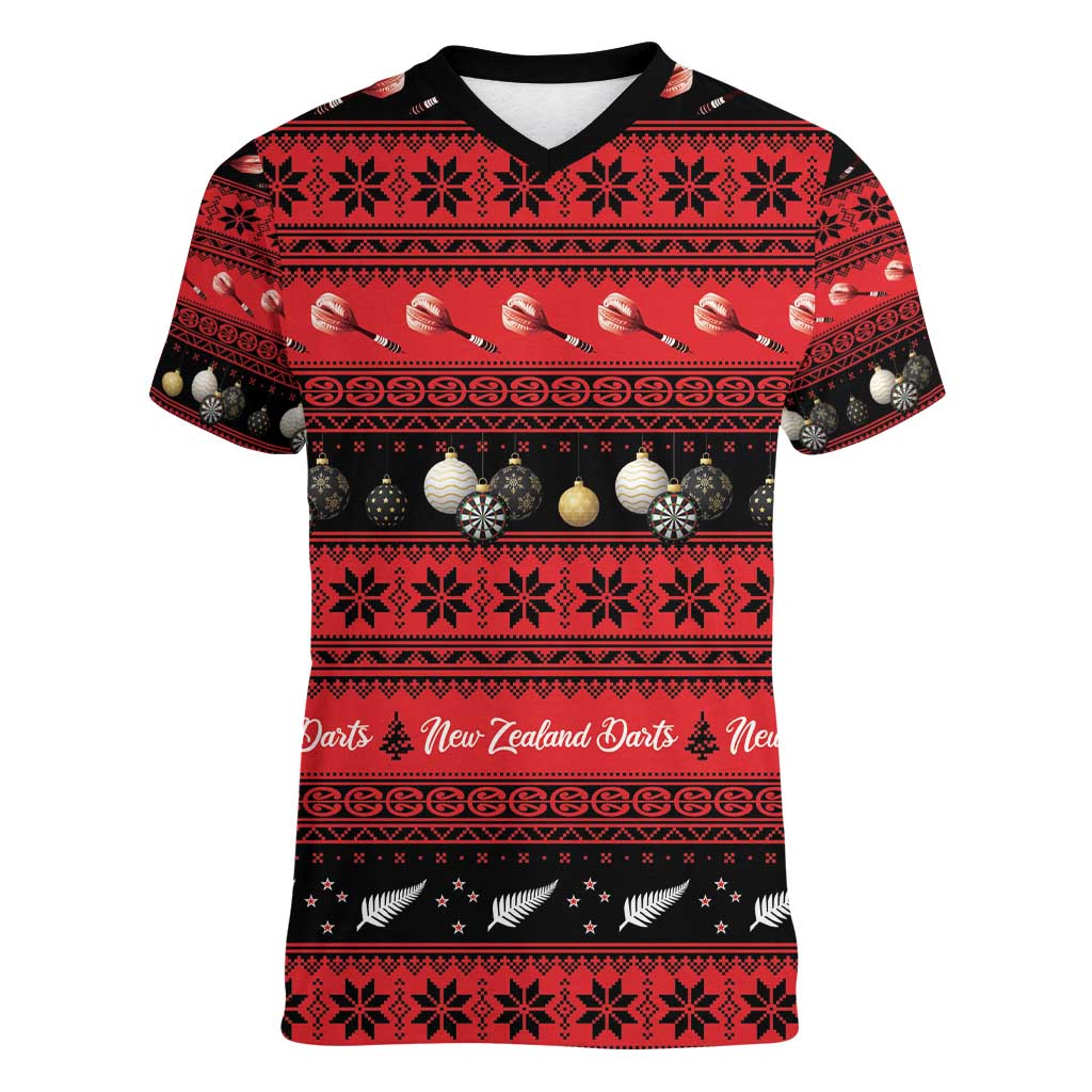 New Zealand Darts Christmas Women V-Neck T-Shirt Merry Xmas Aotearoa Maori Red - Aussie Hoodie