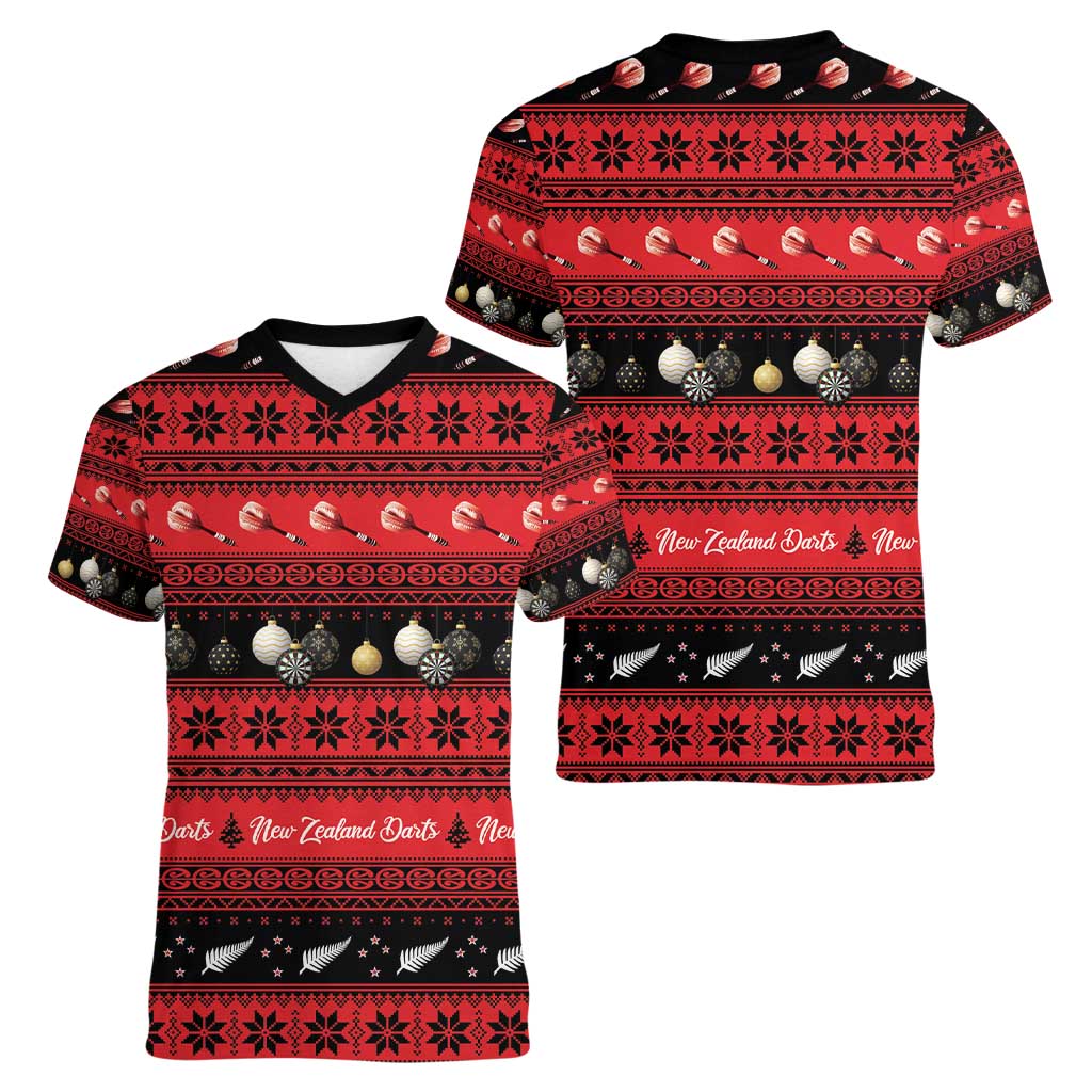 New Zealand Darts Christmas Women V-Neck T-Shirt Merry Xmas Aotearoa Maori Red - Aussie Hoodie