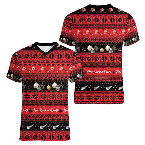 New Zealand Darts Christmas Women V-Neck T-Shirt Merry Xmas Aotearoa Maori Red - Aussie Hoodie