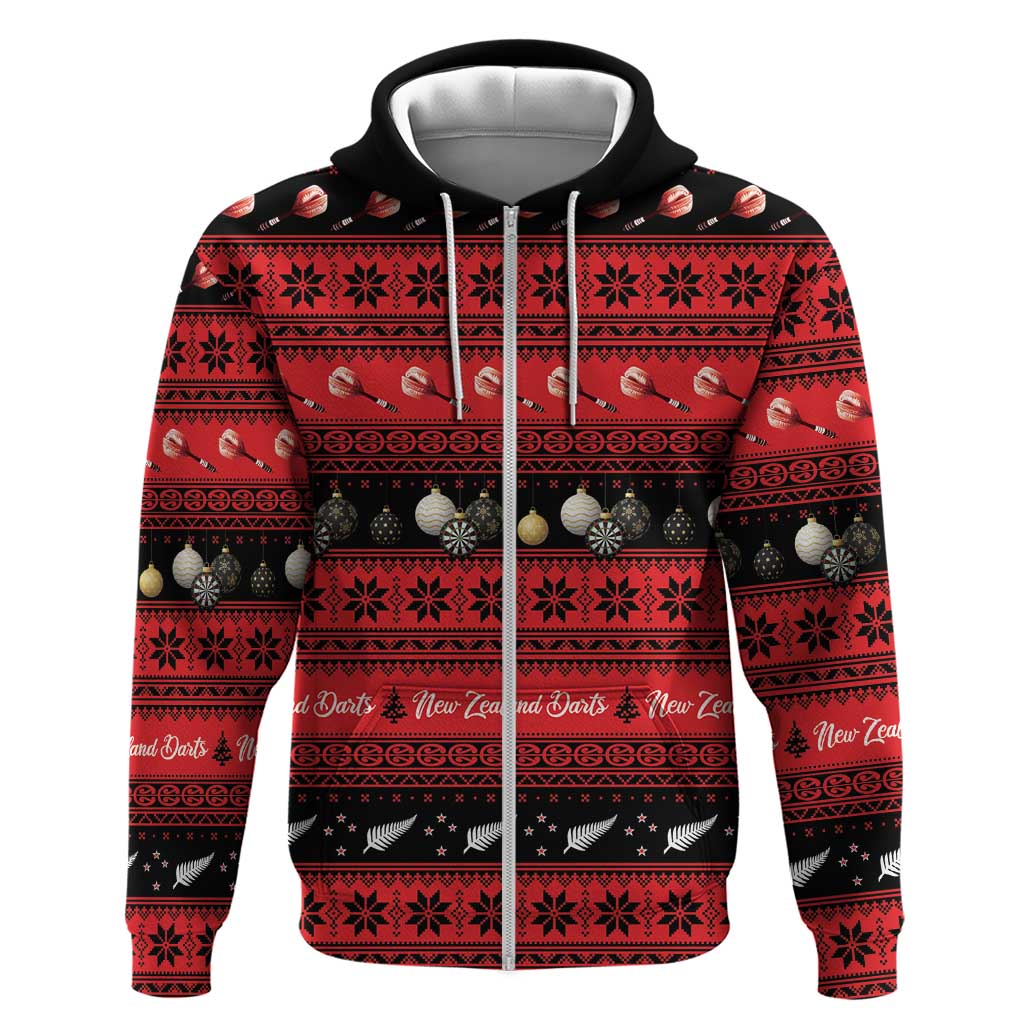 New Zealand Darts Christmas Zip Hoodie Merry Xmas Aotearoa Maori Red - Aussie Hoodie