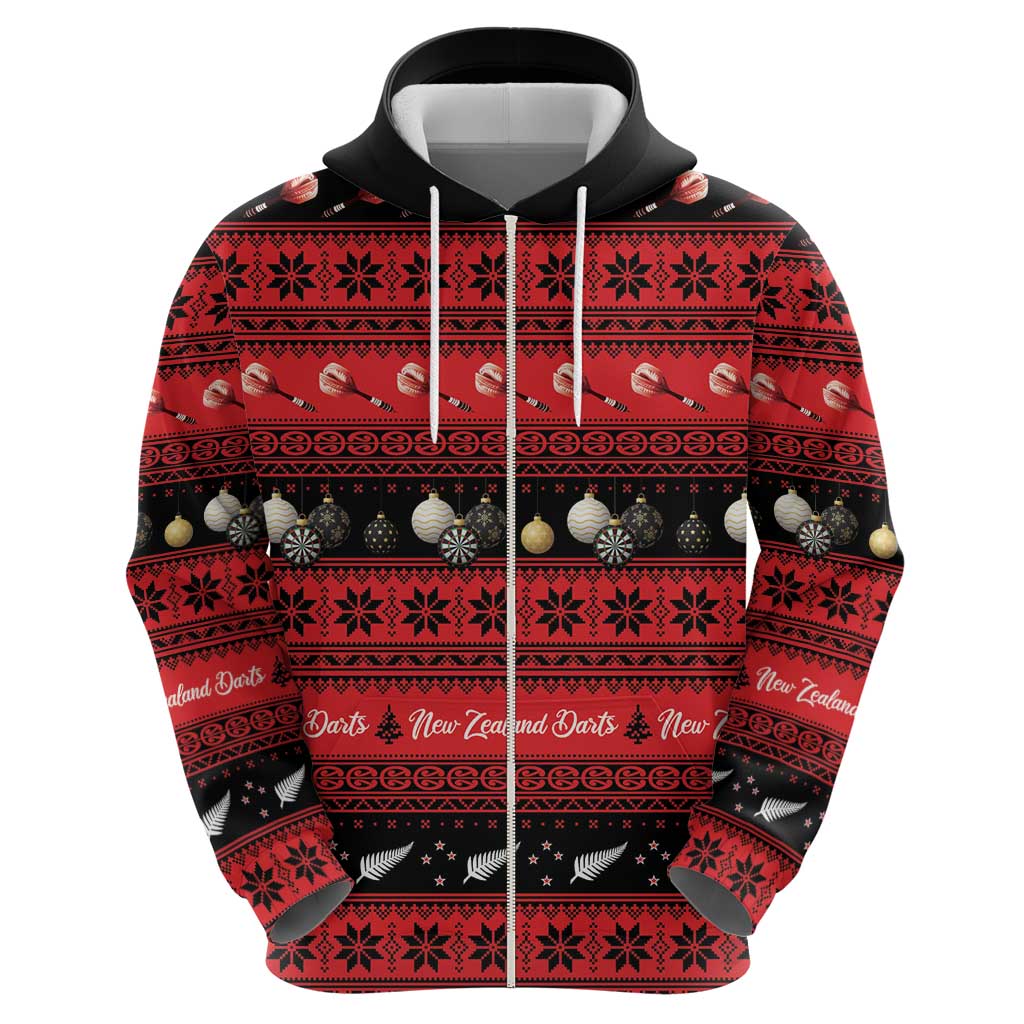 New Zealand Darts Christmas Zip Hoodie Merry Xmas Aotearoa Maori Red - Aussie Hoodie