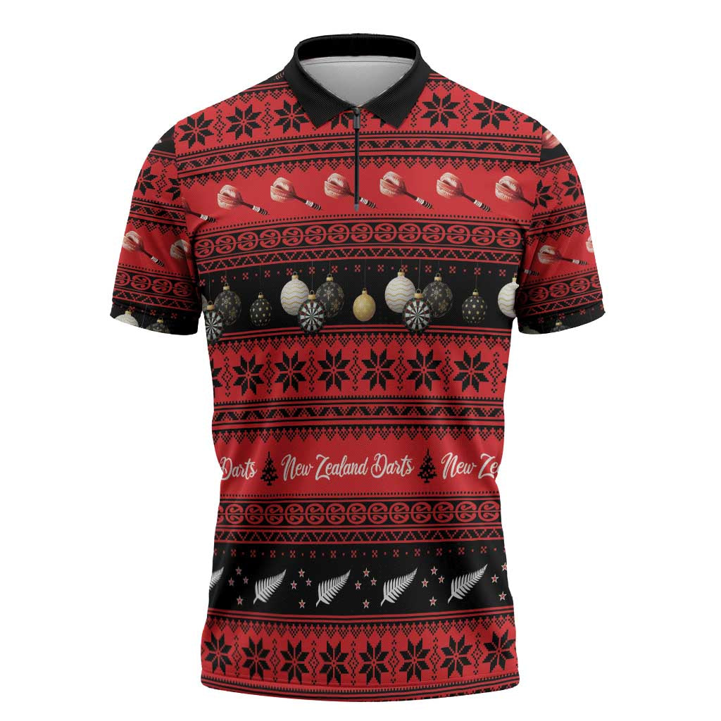 New Zealand Darts Christmas Zipper Polo Shirt Merry Xmas Aotearoa Maori Red - Aussie Hoodie