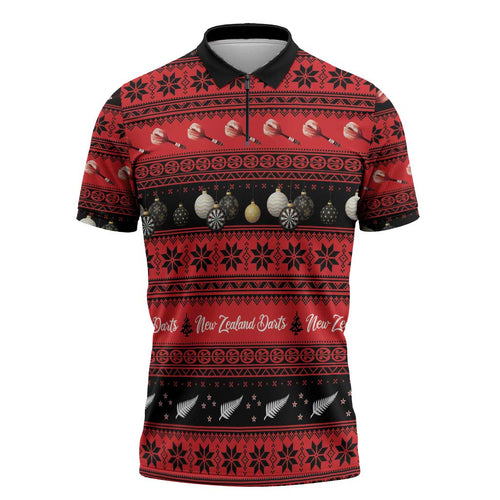 New Zealand Darts Christmas Zipper Polo Shirt Merry Xmas Aotearoa Maori Red - Aussie Hoodie
