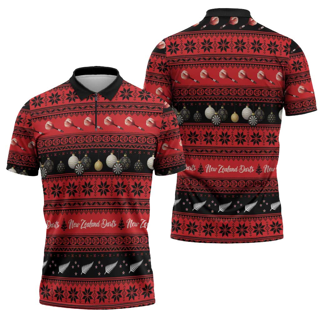 New Zealand Darts Christmas Zipper Polo Shirt Merry Xmas Aotearoa Maori Red - Aussie Hoodie