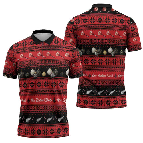 New Zealand Darts Christmas Zipper Polo Shirt Merry Xmas Aotearoa Maori Red - Aussie Hoodie