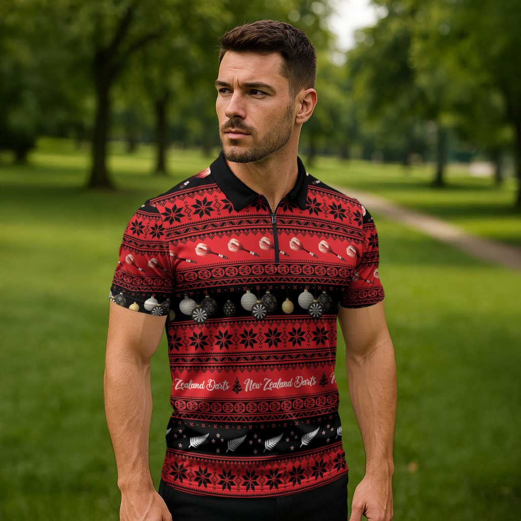 New Zealand Darts Christmas Zipper Polo Shirt Merry Xmas Aotearoa Maori Red - Aussie Hoodie