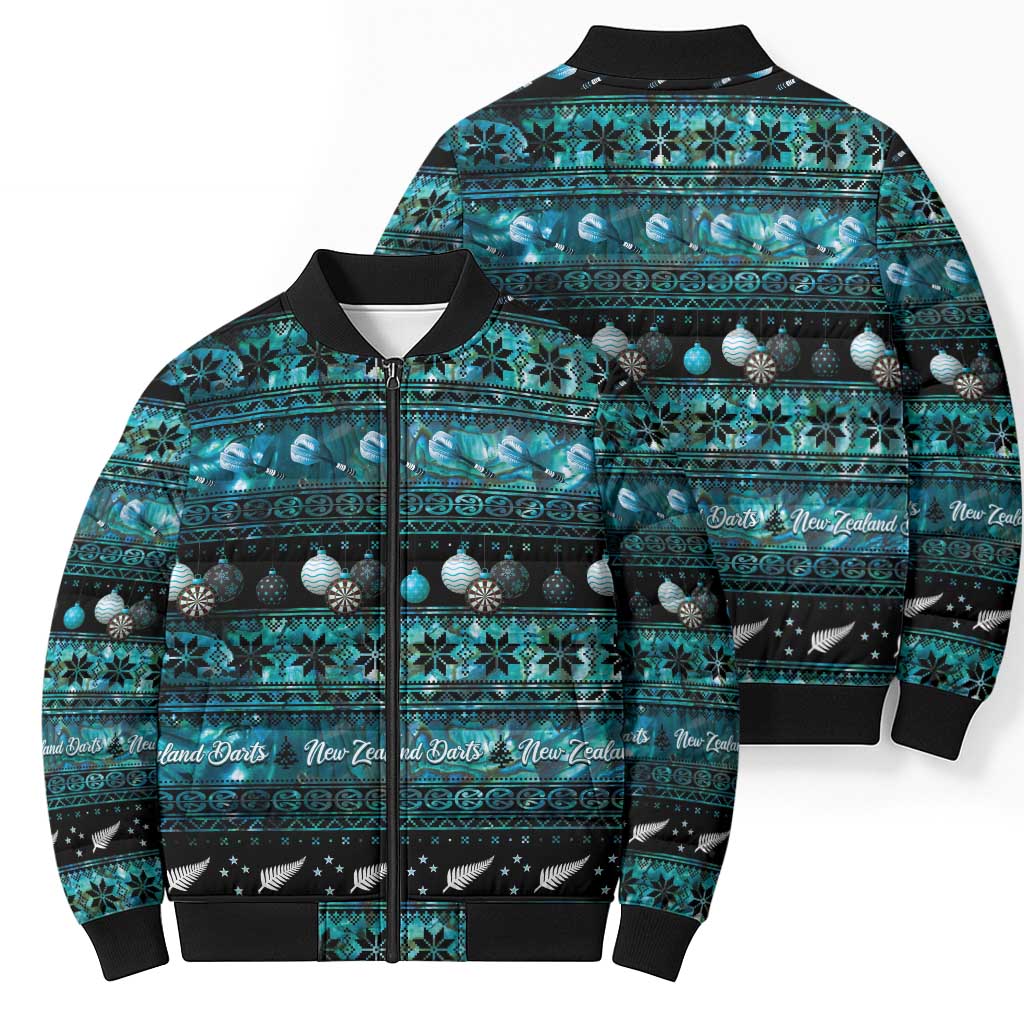 New Zealand Darts Christmas Bomber Puffer Jacket Merry Xmas Aotearoa Maori Paua Shell - Aussie Hoodie