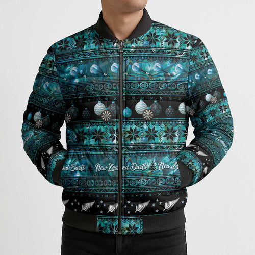 New Zealand Darts Christmas Bomber Puffer Jacket Merry Xmas Aotearoa Maori Paua Shell - Aussie Hoodie