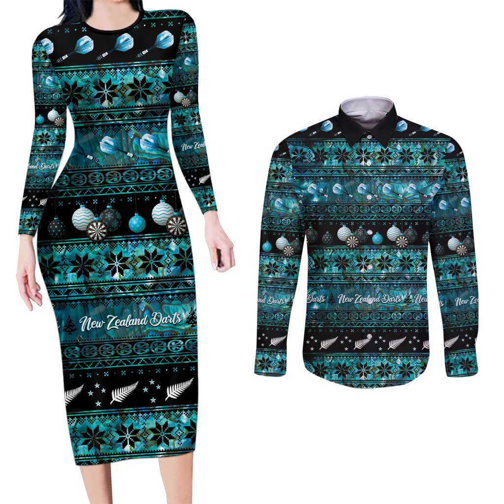 New Zealand Darts Christmas Couples Matching Long Sleeve Bodycon Dress and Long Sleeve Button Shirt Merry Xmas Aotearoa Maori Paua Shell - Aussie Hoodie