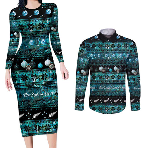 New Zealand Darts Christmas Couples Matching Long Sleeve Bodycon Dress and Long Sleeve Button Shirt Merry Xmas Aotearoa Maori Paua Shell - Aussie Hoodie