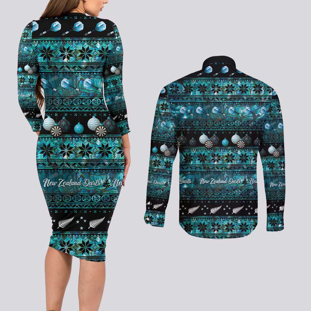 New Zealand Darts Christmas Couples Matching Long Sleeve Bodycon Dress and Long Sleeve Button Shirt Merry Xmas Aotearoa Maori Paua Shell - Aussie Hoodie