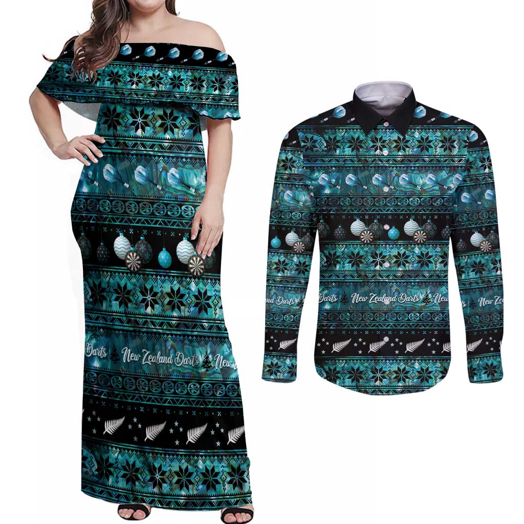 New Zealand Darts Christmas Couples Matching Off Shoulder Maxi Dress and Long Sleeve Button Shirt Merry Xmas Aotearoa Maori Paua Shell - Aussie Hoodie