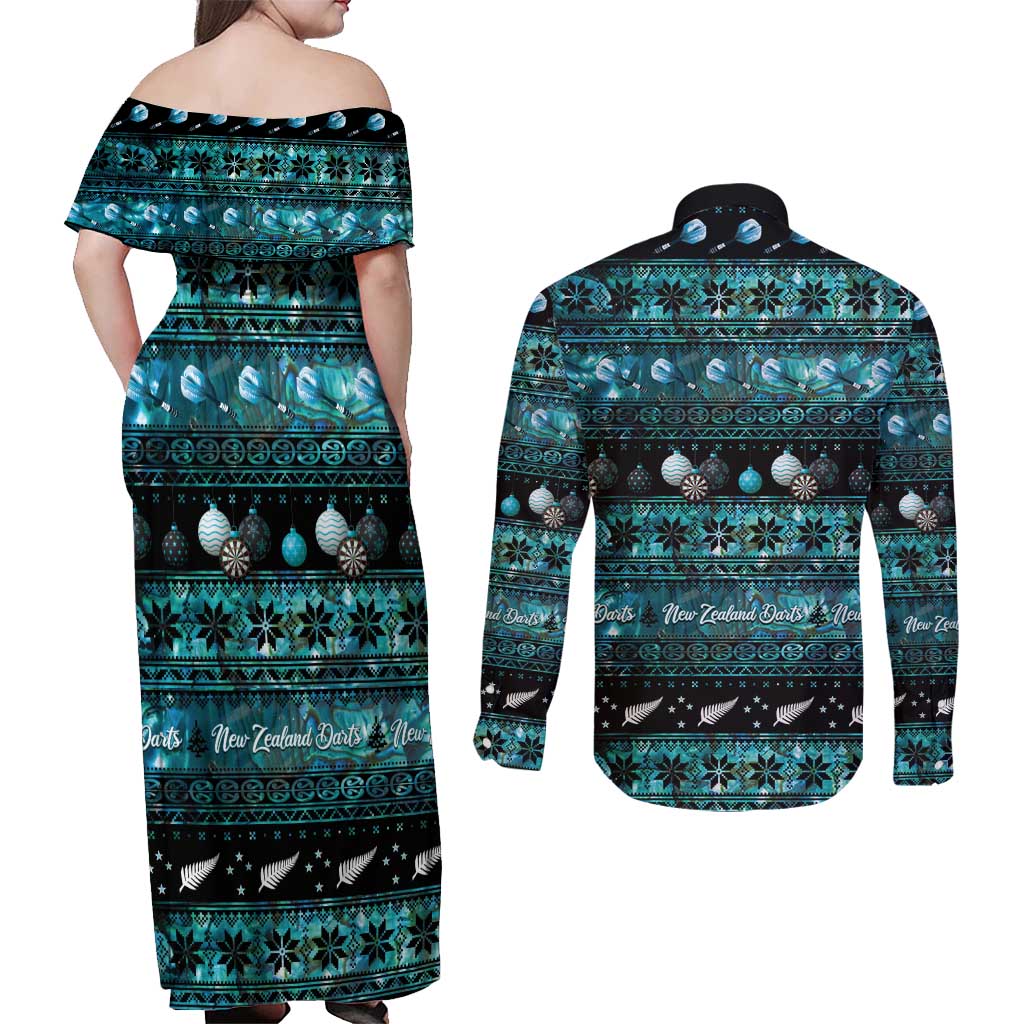 New Zealand Darts Christmas Couples Matching Off Shoulder Maxi Dress and Long Sleeve Button Shirt Merry Xmas Aotearoa Maori Paua Shell - Aussie Hoodie
