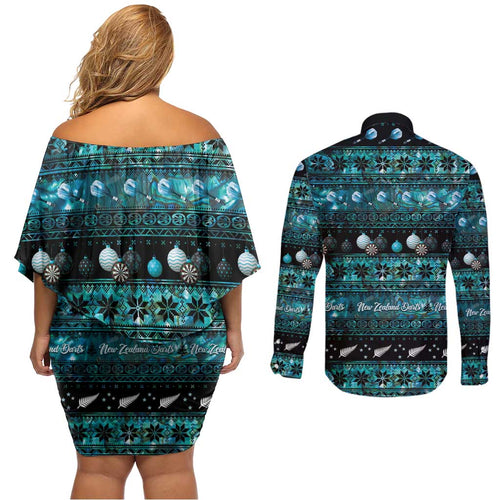 New Zealand Darts Christmas Couples Matching Off Shoulder Short Dress and Long Sleeve Button Shirt Merry Xmas Aotearoa Maori Paua Shell - Aussie Hoodie