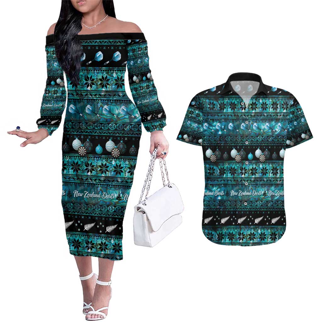 New Zealand Darts Christmas Couples Matching Off The Shoulder Long Sleeve Dress and Hawaiian Shirt Merry Xmas Aotearoa Maori Paua Shell - Aussie Hoodie