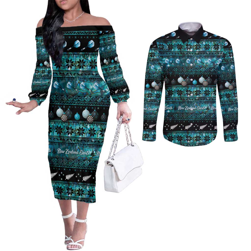 New Zealand Darts Christmas Couples Matching Off The Shoulder Long Sleeve Dress and Long Sleeve Button Shirt Merry Xmas Aotearoa Maori Paua Shell - Aussie Hoodie
