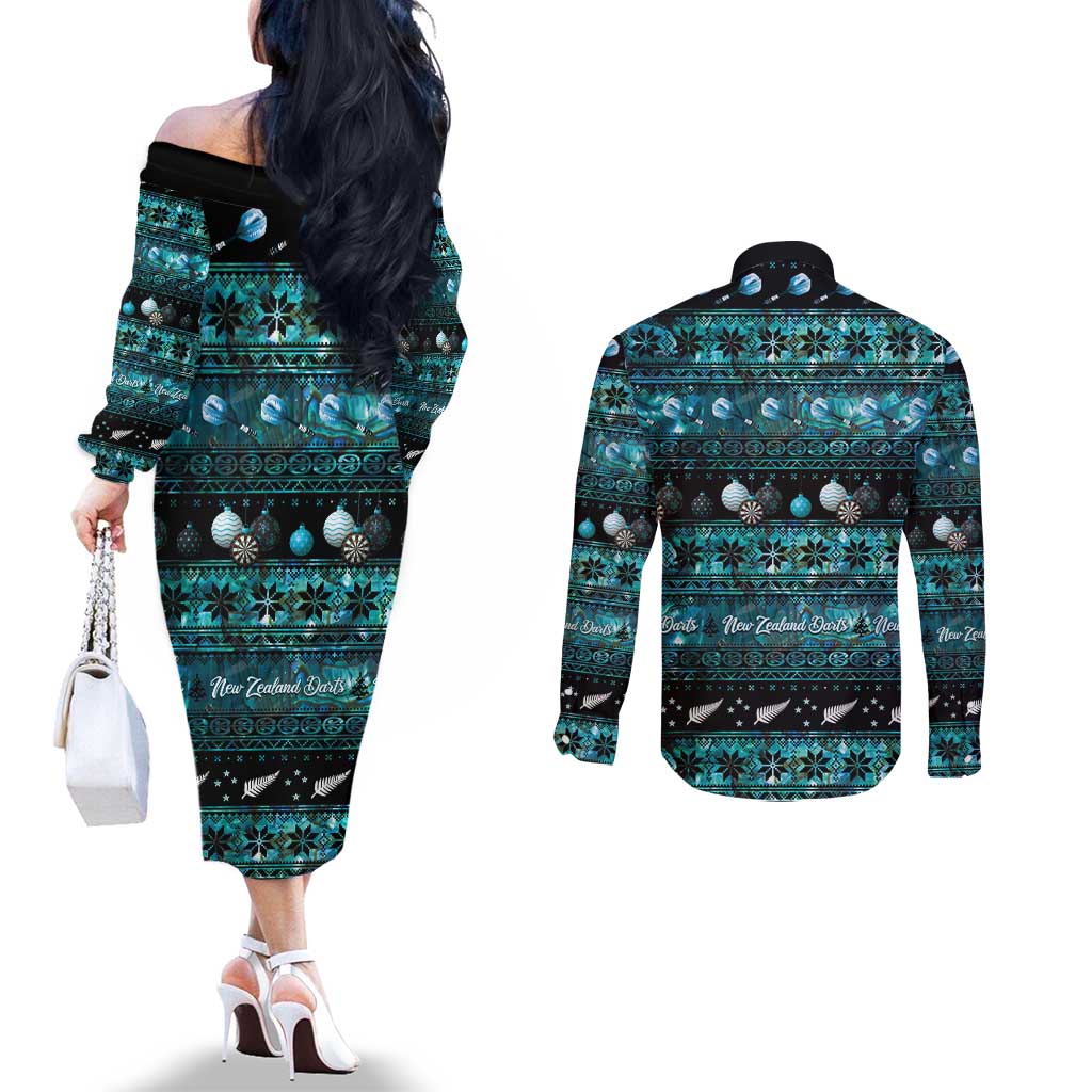 New Zealand Darts Christmas Couples Matching Off The Shoulder Long Sleeve Dress and Long Sleeve Button Shirt Merry Xmas Aotearoa Maori Paua Shell - Aussie Hoodie