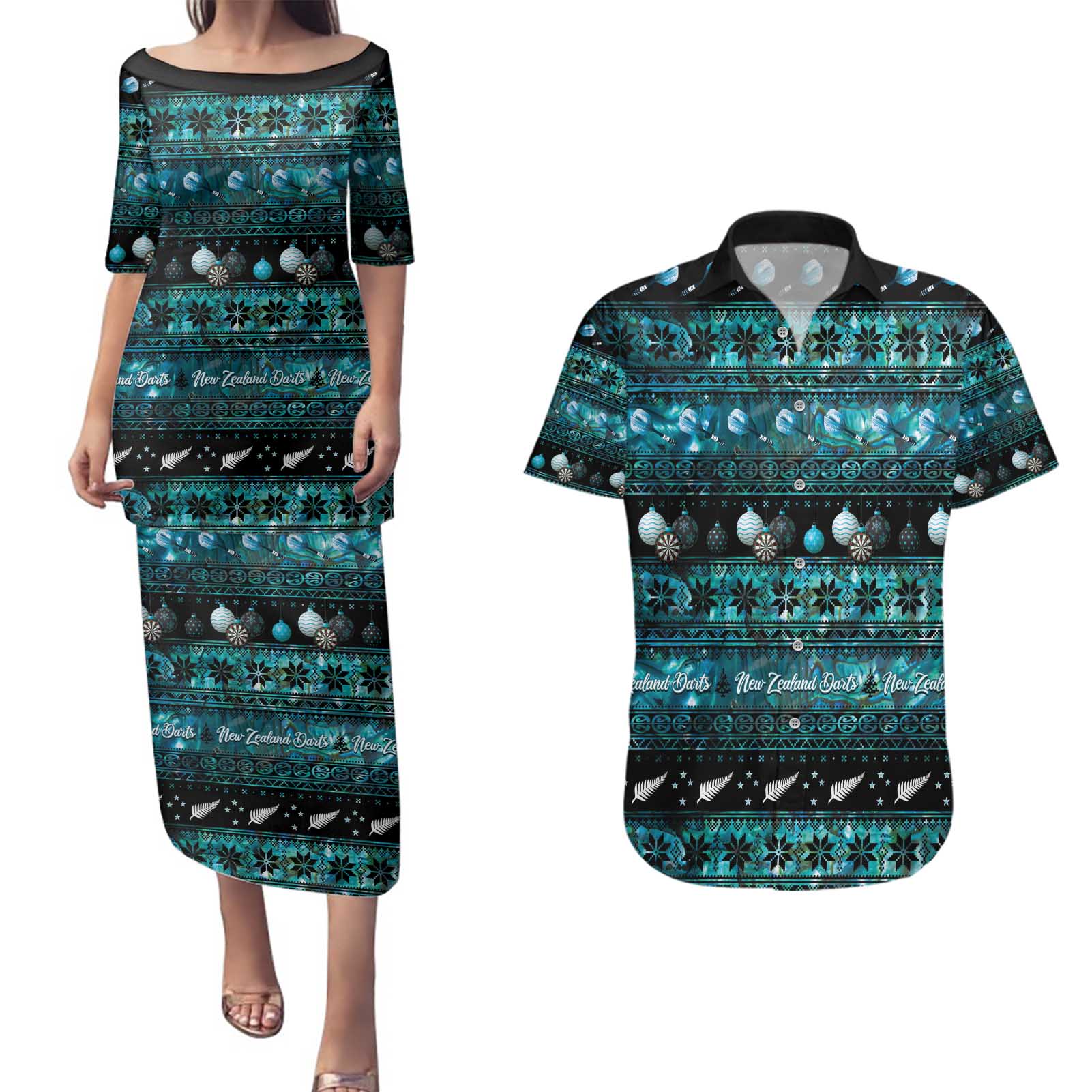New Zealand Darts Christmas Couples Matching Puletasi and Hawaiian Shirt Merry Xmas Aotearoa Maori Paua Shell - Aussie Hoodie