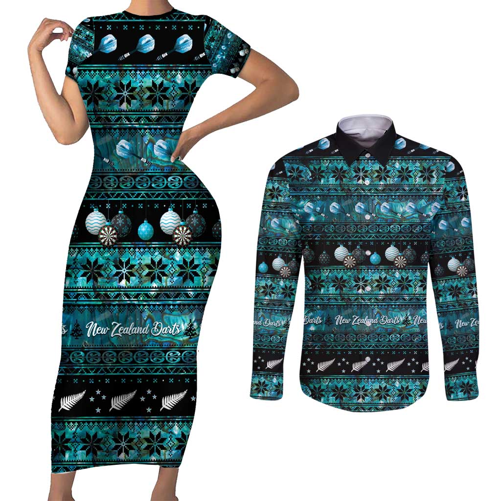 New Zealand Darts Christmas Couples Matching Short Sleeve Bodycon Dress and Long Sleeve Button Shirt Merry Xmas Aotearoa Maori Paua Shell - Aussie Hoodie