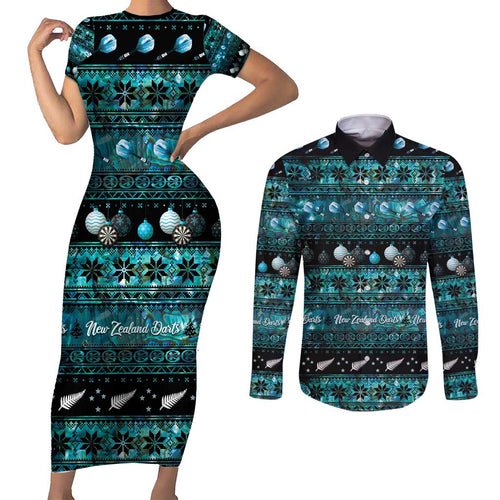 New Zealand Darts Christmas Couples Matching Short Sleeve Bodycon Dress and Long Sleeve Button Shirt Merry Xmas Aotearoa Maori Paua Shell - Aussie Hoodie