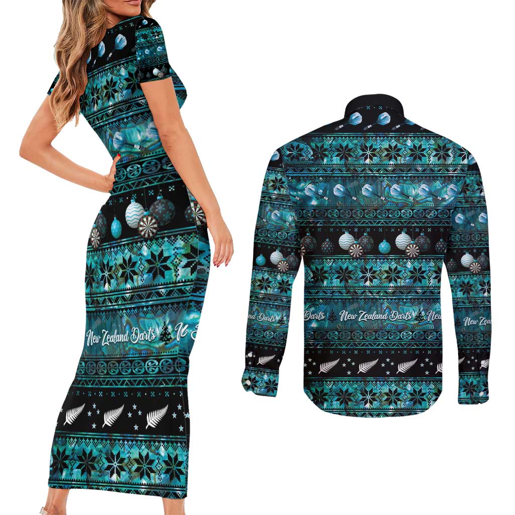 New Zealand Darts Christmas Couples Matching Short Sleeve Bodycon Dress and Long Sleeve Button Shirt Merry Xmas Aotearoa Maori Paua Shell - Aussie Hoodie
