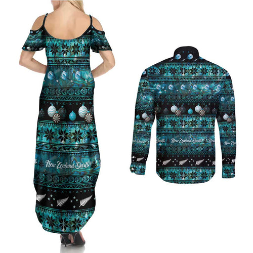 New Zealand Darts Christmas Couples Matching Summer Maxi Dress and Long Sleeve Button Shirt Merry Xmas Aotearoa Maori Paua Shell - Aussie Hoodie