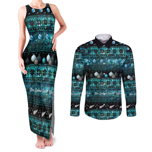 New Zealand Darts Christmas Couples Matching Tank Maxi Dress and Long Sleeve Button Shirt Merry Xmas Aotearoa Maori Paua Shell - Aussie Hoodie