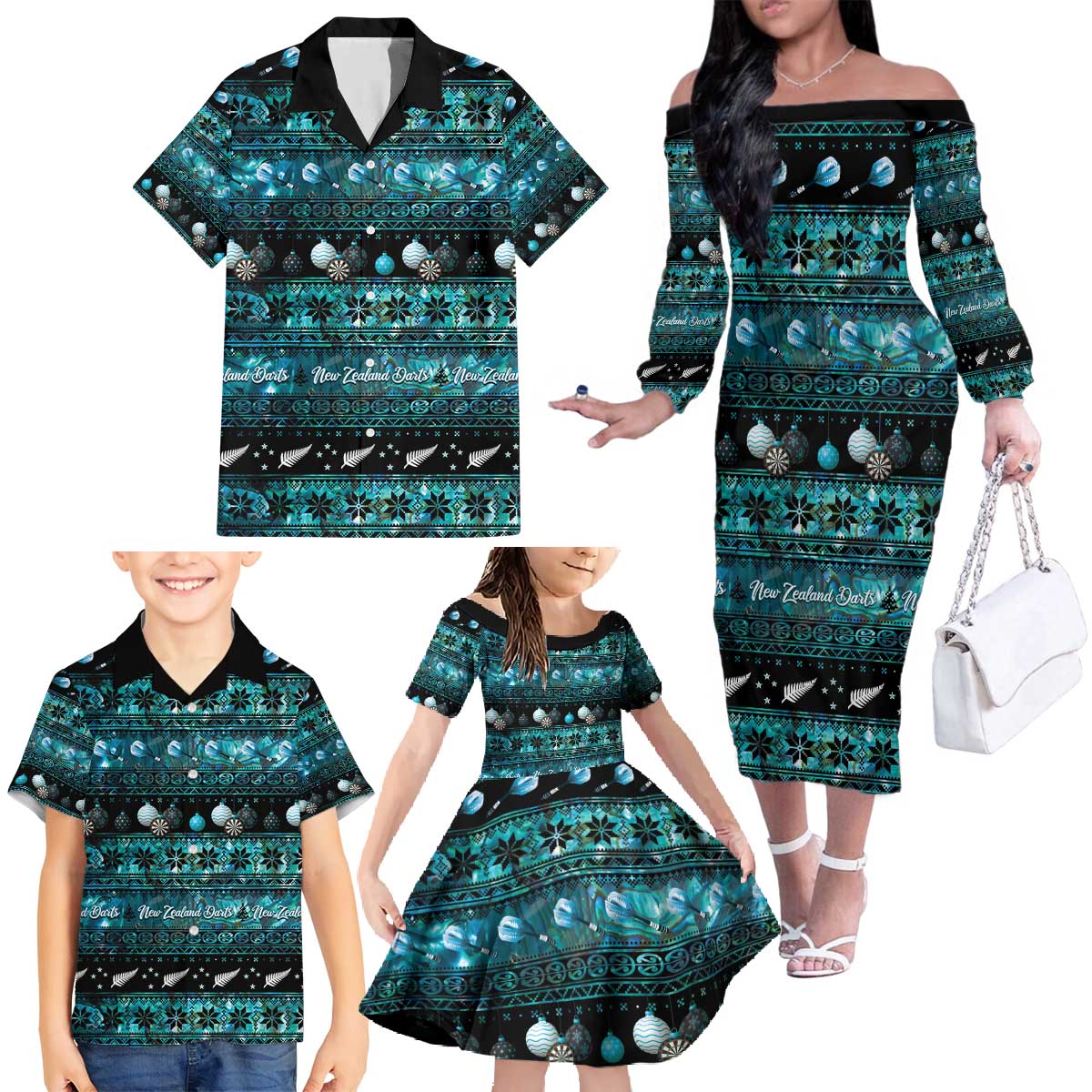 New Zealand Darts Christmas Family Matching Off The Shoulder Long Sleeve Dress and Hawaiian Shirt Merry Xmas Aotearoa Maori Paua Shell - Aussie Hoodie