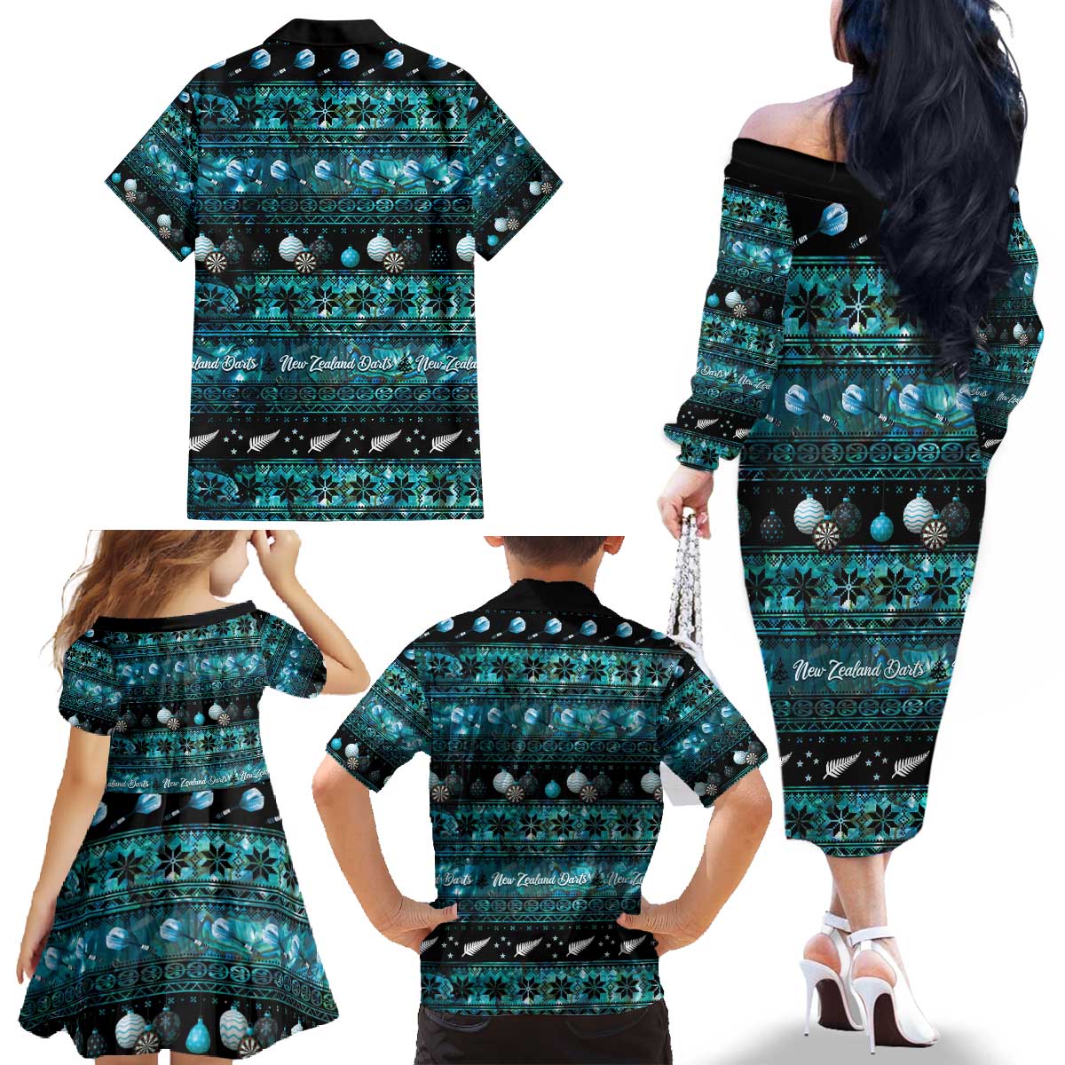 New Zealand Darts Christmas Family Matching Off The Shoulder Long Sleeve Dress and Hawaiian Shirt Merry Xmas Aotearoa Maori Paua Shell - Aussie Hoodie