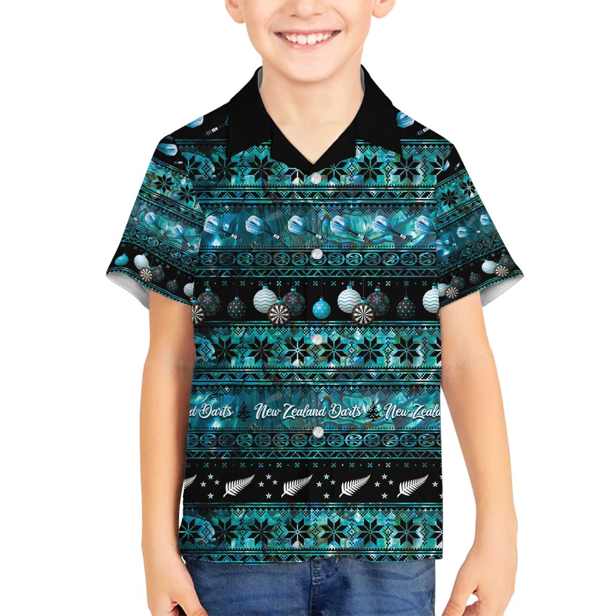 New Zealand Darts Christmas Family Matching Off The Shoulder Long Sleeve Dress and Hawaiian Shirt Merry Xmas Aotearoa Maori Paua Shell - Aussie Hoodie