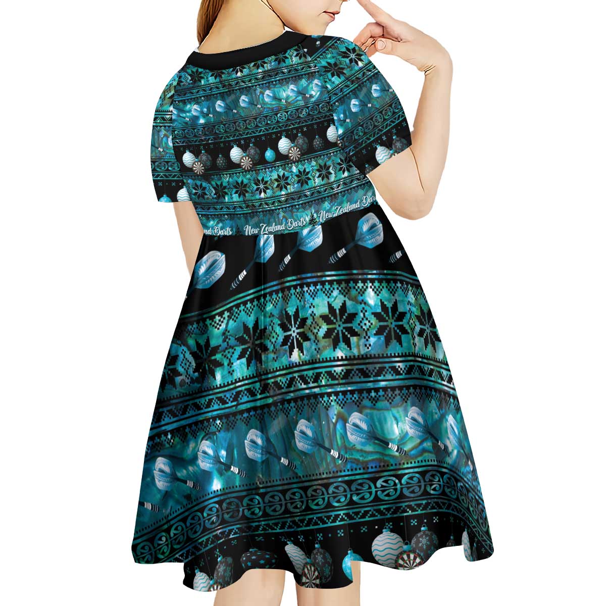 New Zealand Darts Christmas Kid Short Sleeve Dress Merry Xmas Aotearoa Maori Paua Shell - Aussie Hoodie