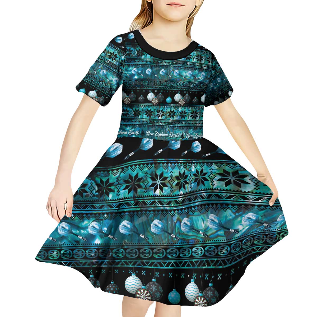 New Zealand Darts Christmas Kid Short Sleeve Dress Merry Xmas Aotearoa Maori Paua Shell - Aussie Hoodie