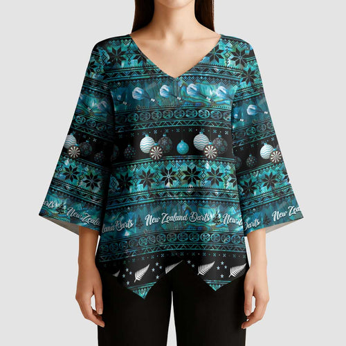 New Zealand Darts Christmas Kimono Sleeve Blouse Merry Xmas Aotearoa Maori Paua Shell - Aussie Hoodie